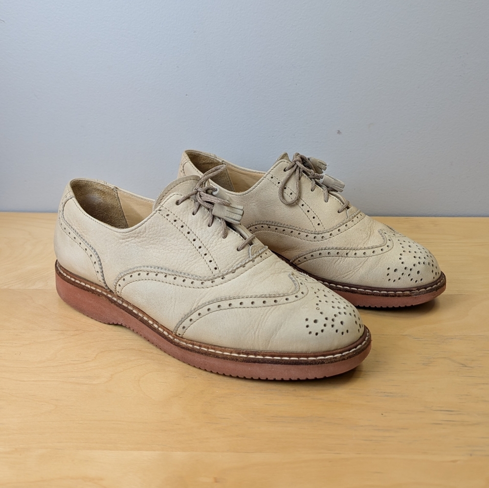 Roots | Vintage Wingtip Oxfords, Cream Coloured Nubuck Leather Shoes, Size 9